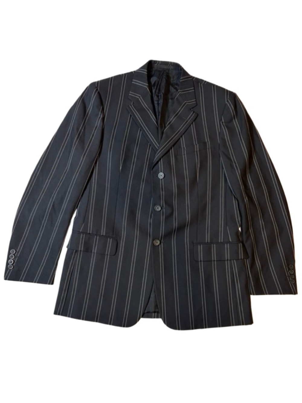 Versace Black Pinstripe Blazer 52R Wool Italy Medusa Logo Classic Tailored